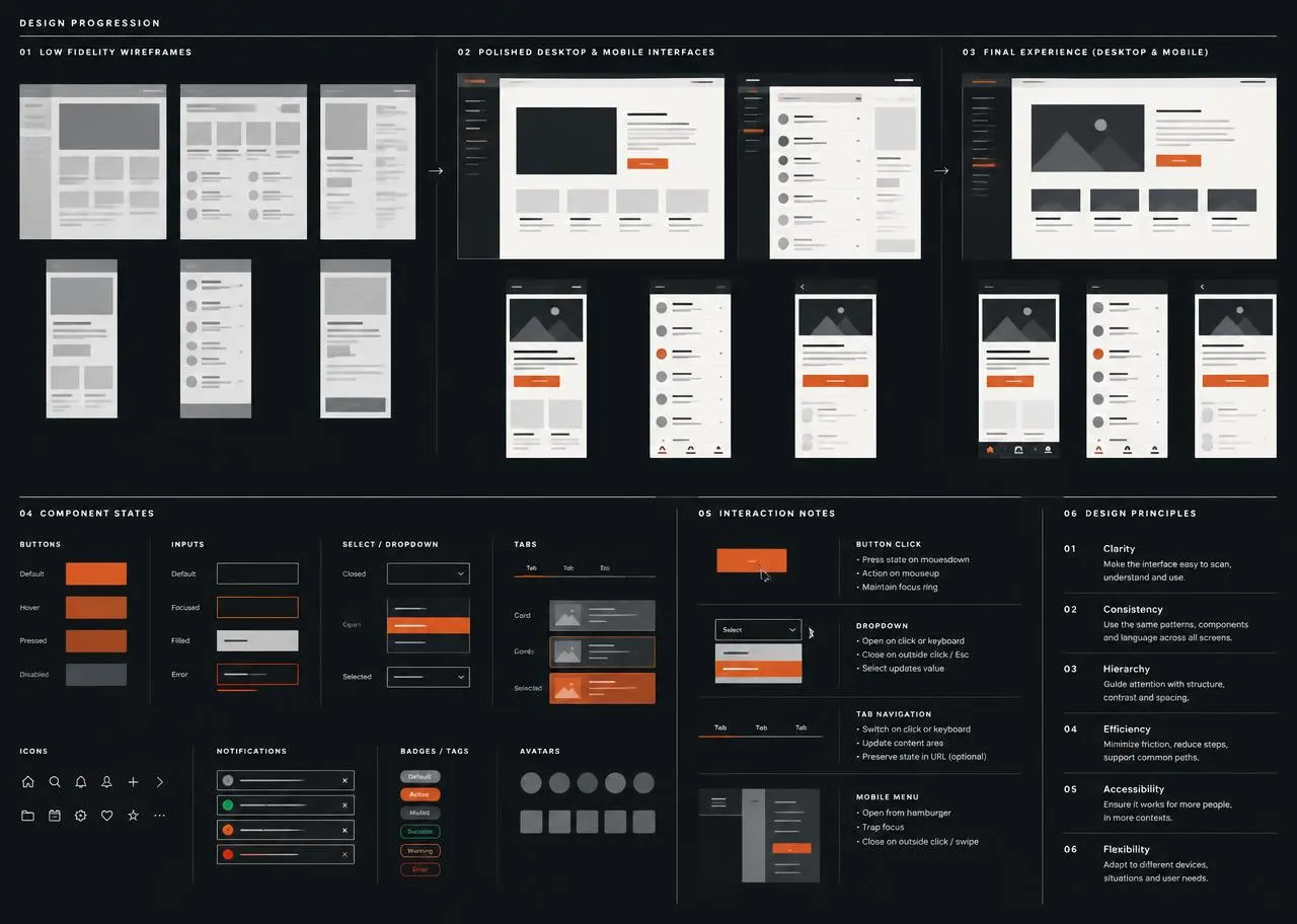 Generic UX progression from wireframes to polished interfaces