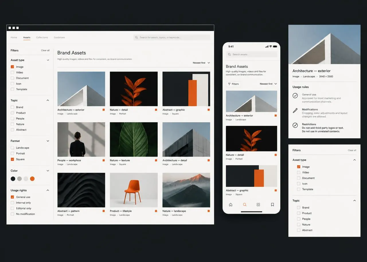 Generic brand asset portal with filters and previews