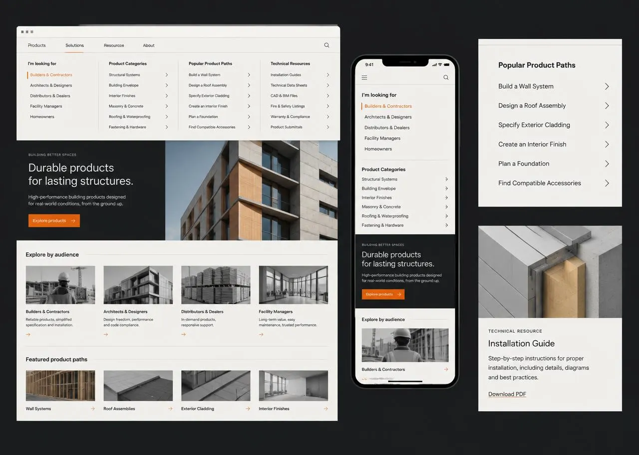 Generic building-products website with audience-led navigation