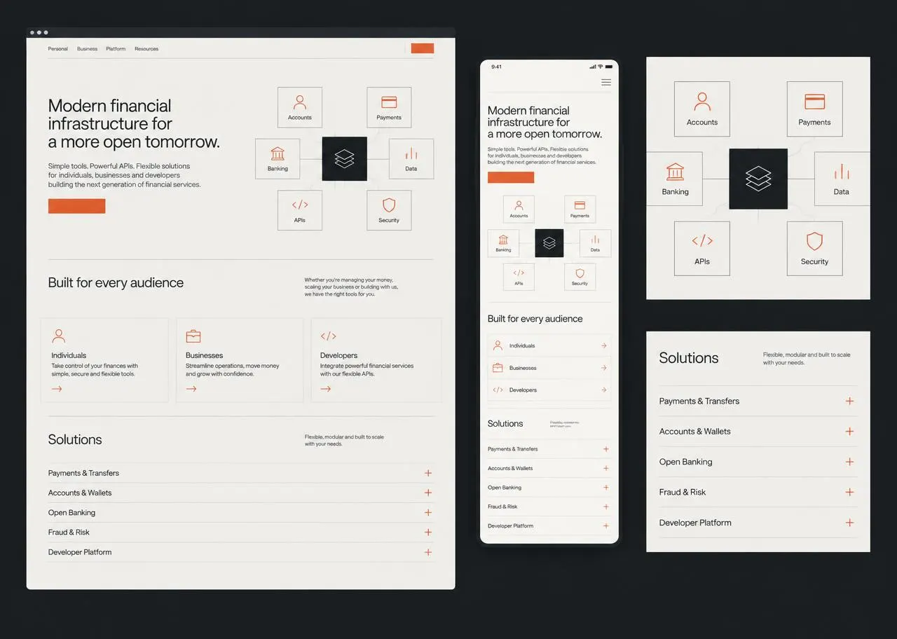 Generic financial platform homepage across desktop and mobile