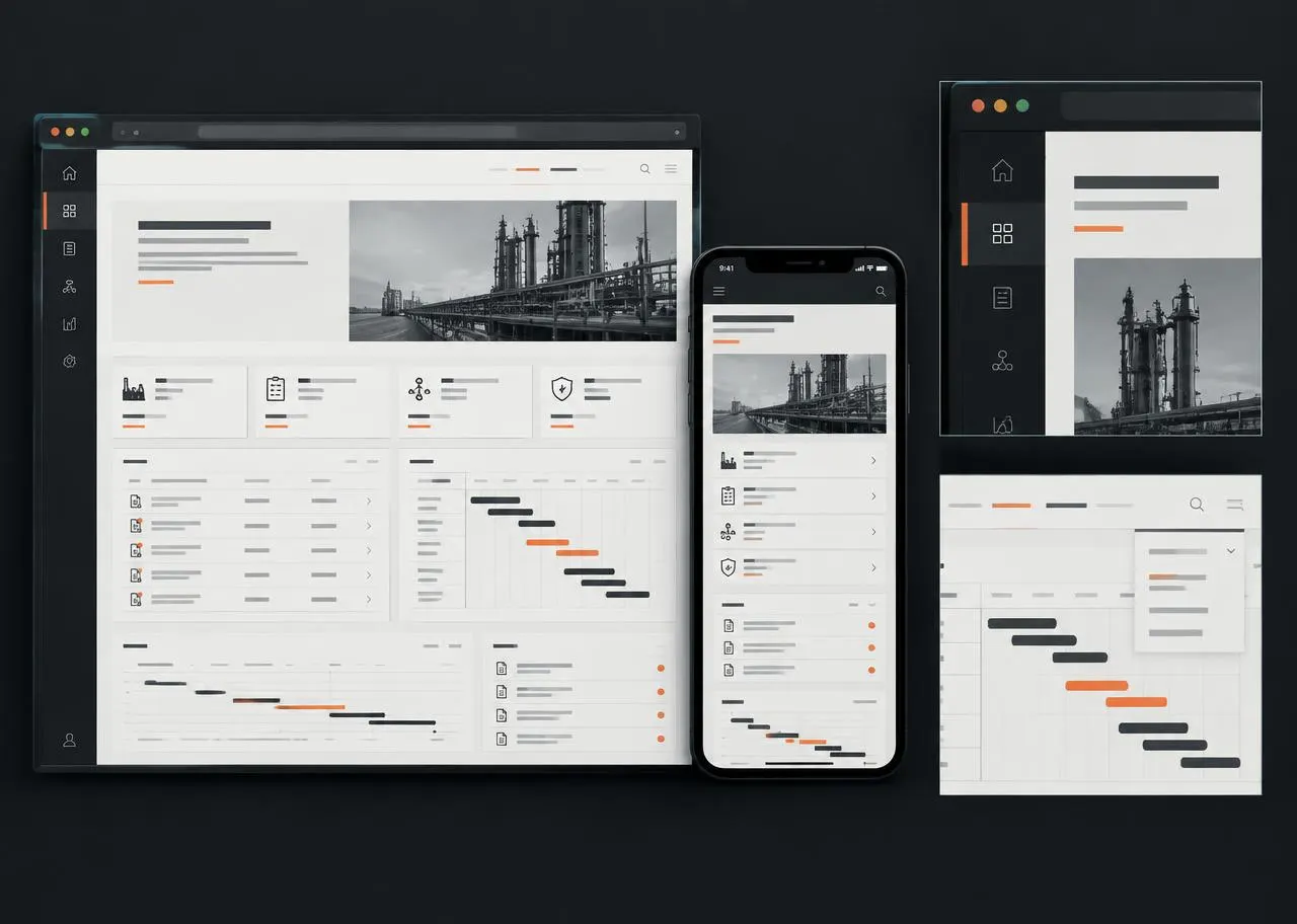 Generic industrial platform shown across desktop, mobile, and interface details