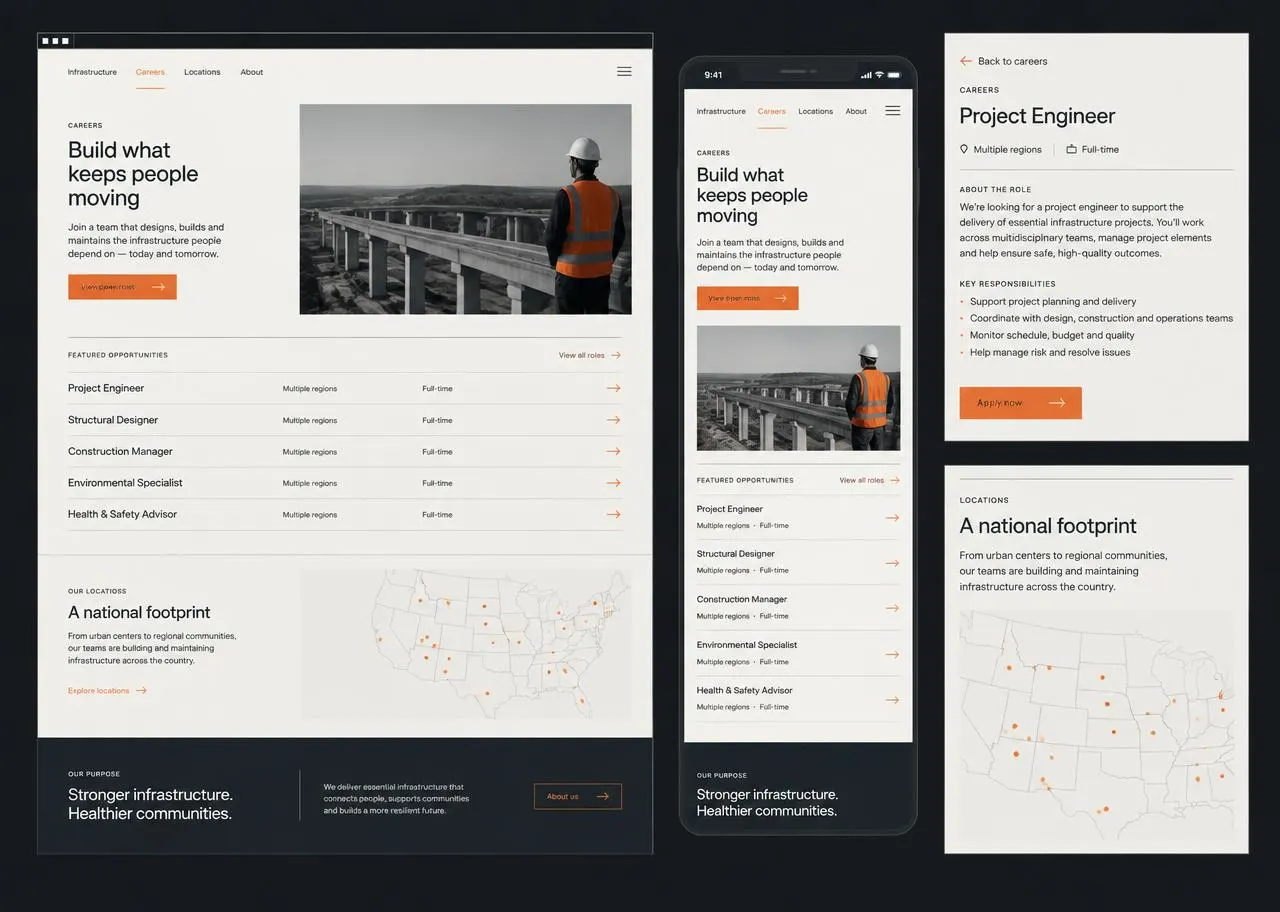 Generic infrastructure website with careers and locations views