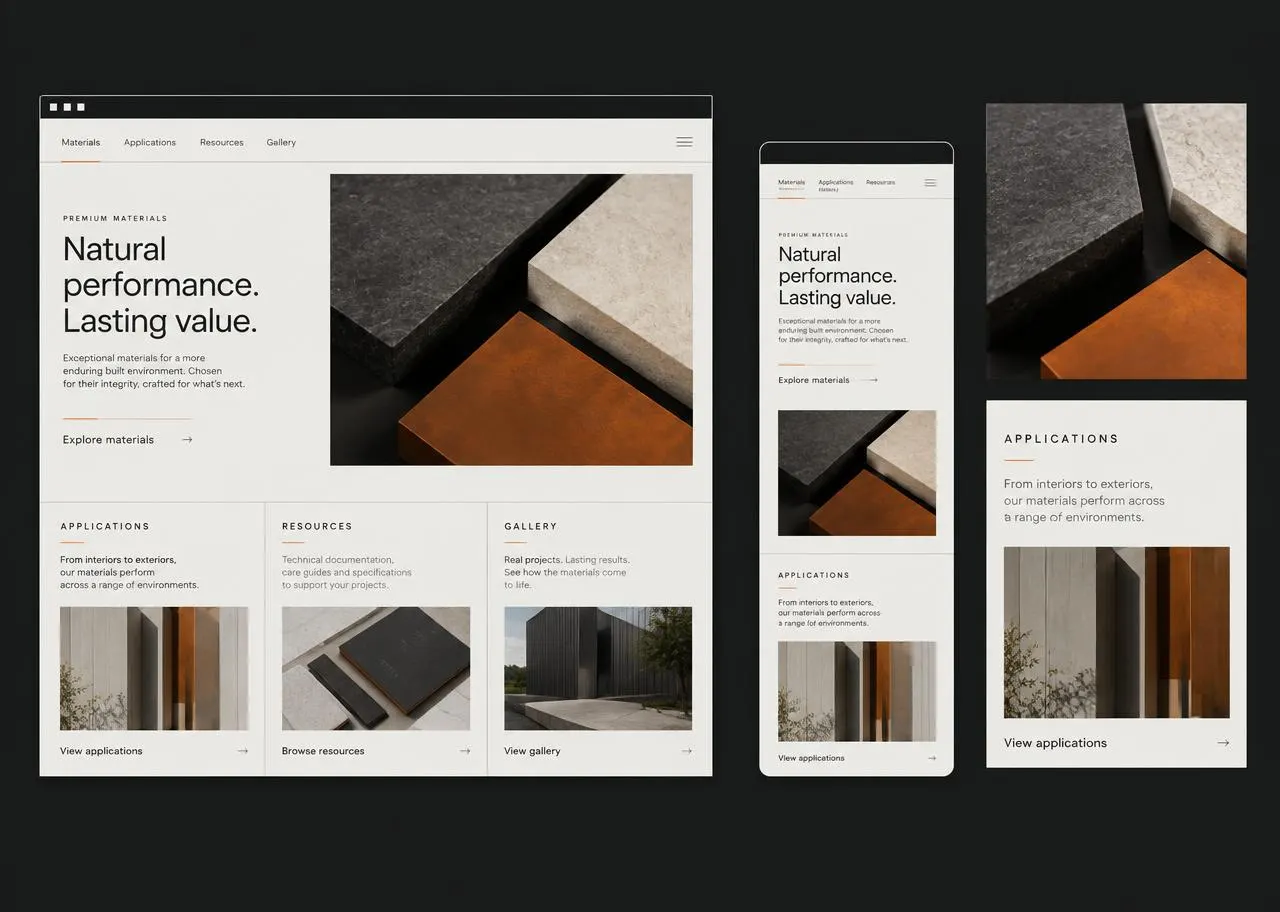 Generic premium materials microsite across desktop and mobile