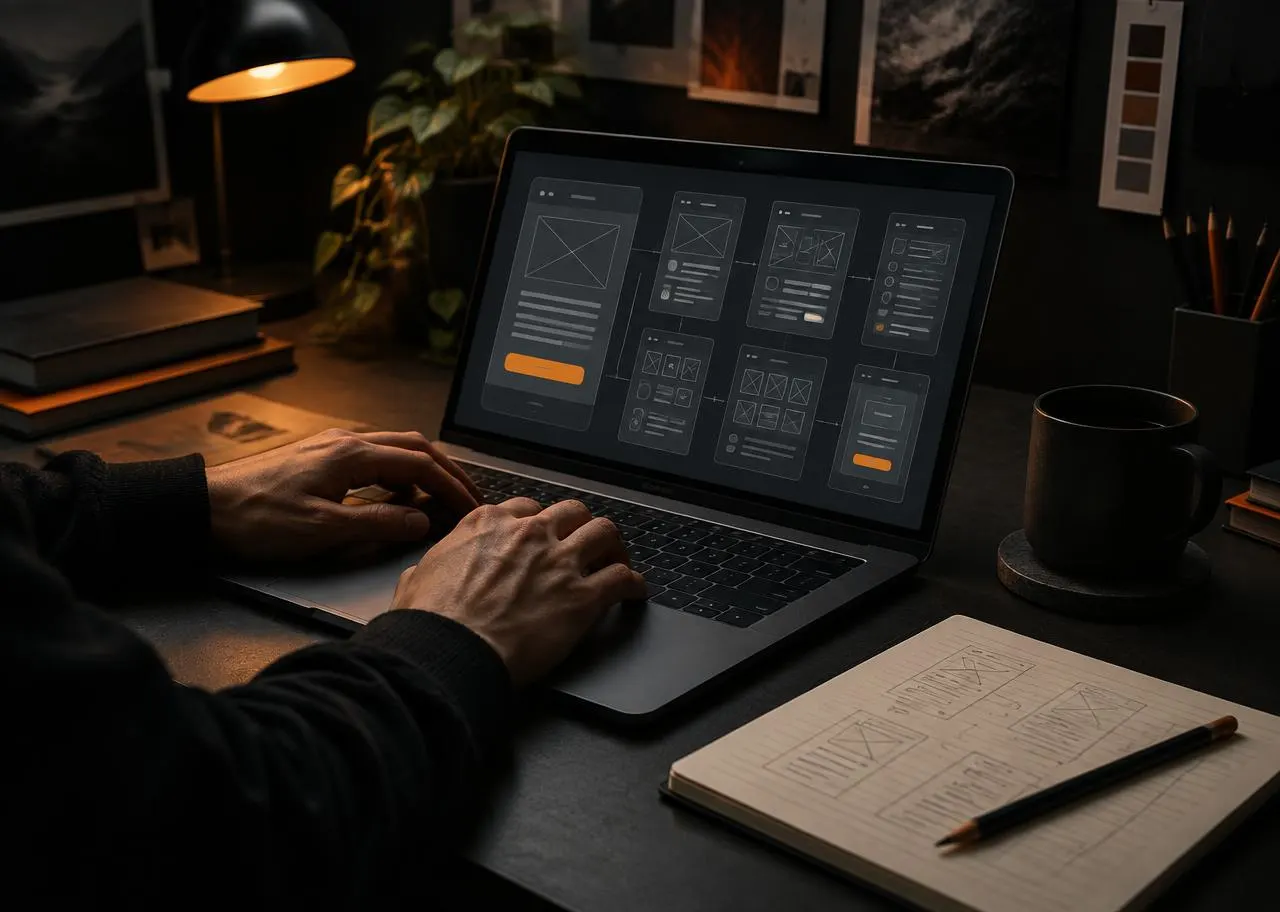 Hands working on interface designs at a laptop