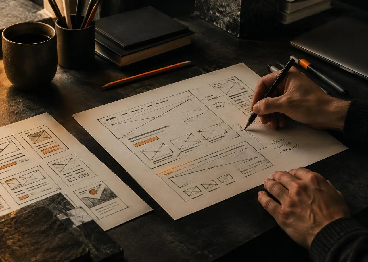 Hands sketching interface wireframes at a studio table