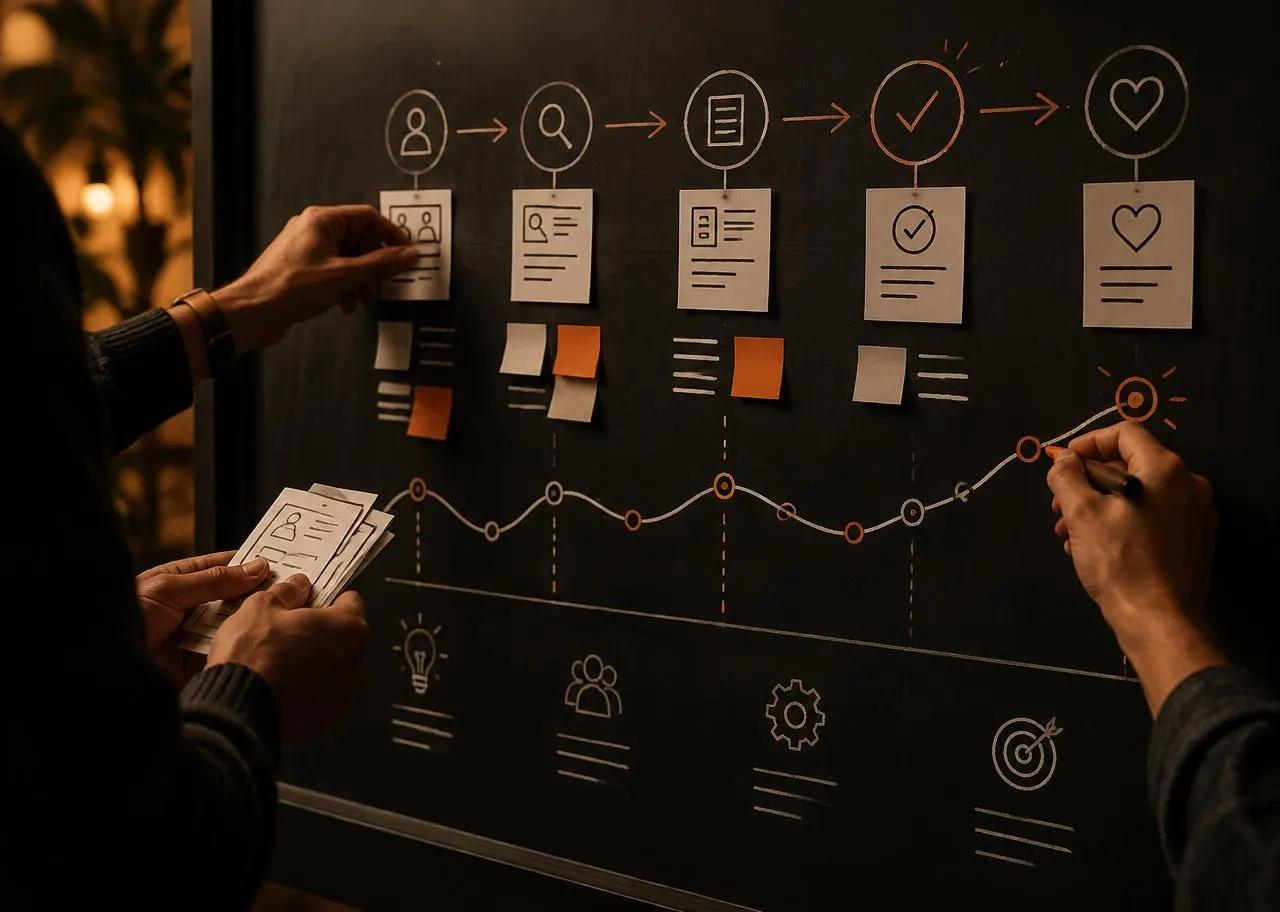 Hands arranging an experience map on a dark board
