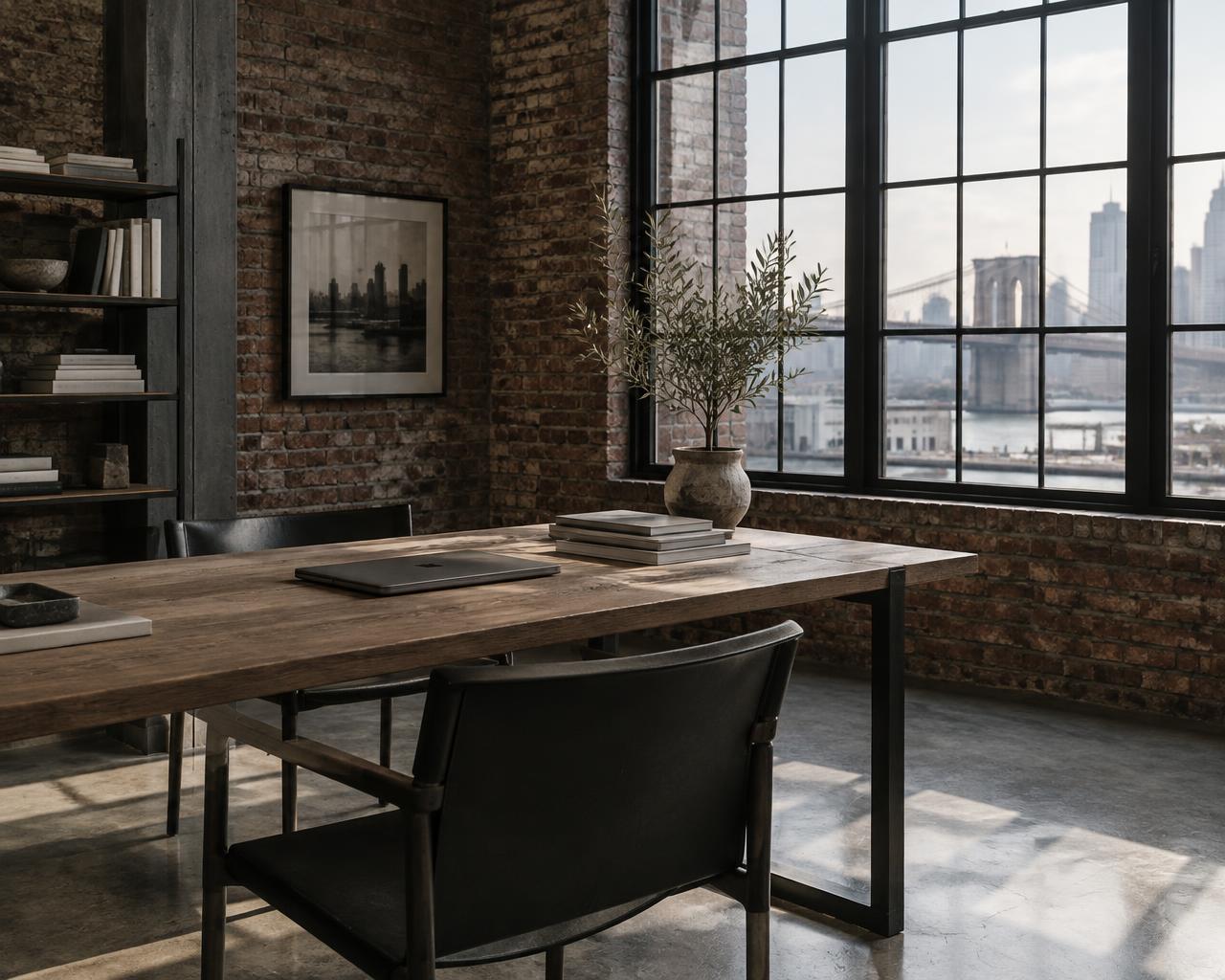 Industrial Brooklyn loft office with exposed brick, steel-framed windows, and a wooden worktable